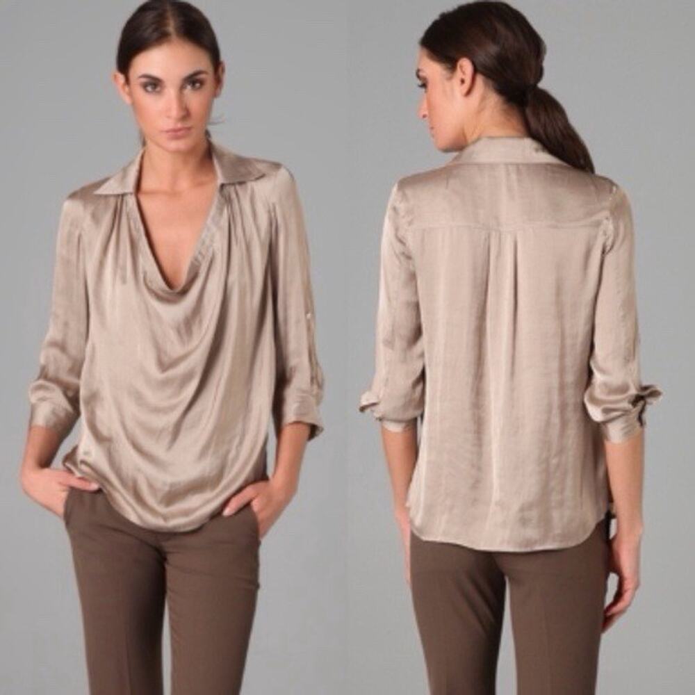 Vince Cowl Neck Blouse Beige Gold Satin •12• Collared 3/4 Sleeve Top Roll Tab